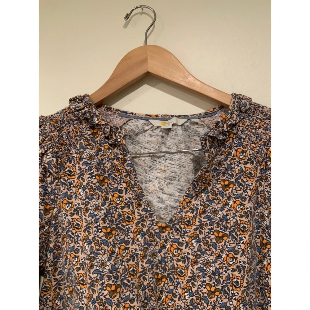 Boden‎ Womens Floral Smocked V-Neck Top Size 6 Orange Blue Ruffle Cotton Jersey
